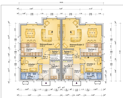 Grundriss eines Doppelhauses mit Raumaufteilung und Möbelanordnung.